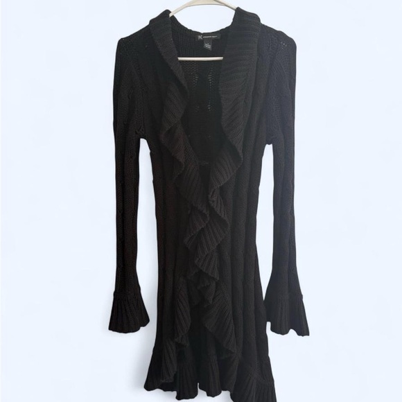 INC International Concepts Jackets & Blazers - Black Ruffled Long-Sleeve Knit Cardigan